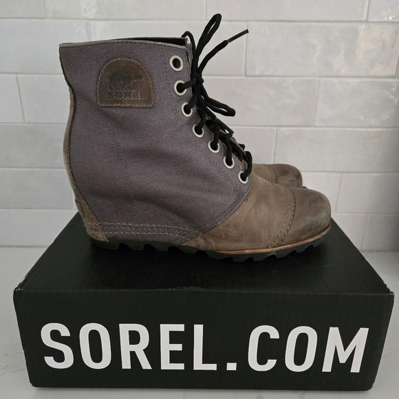 Sorel PDX Lexie Leather Canvas Wedge Lace-Up Ankle Boot Gray Brown Size 8.5 - Picture 1 of 9